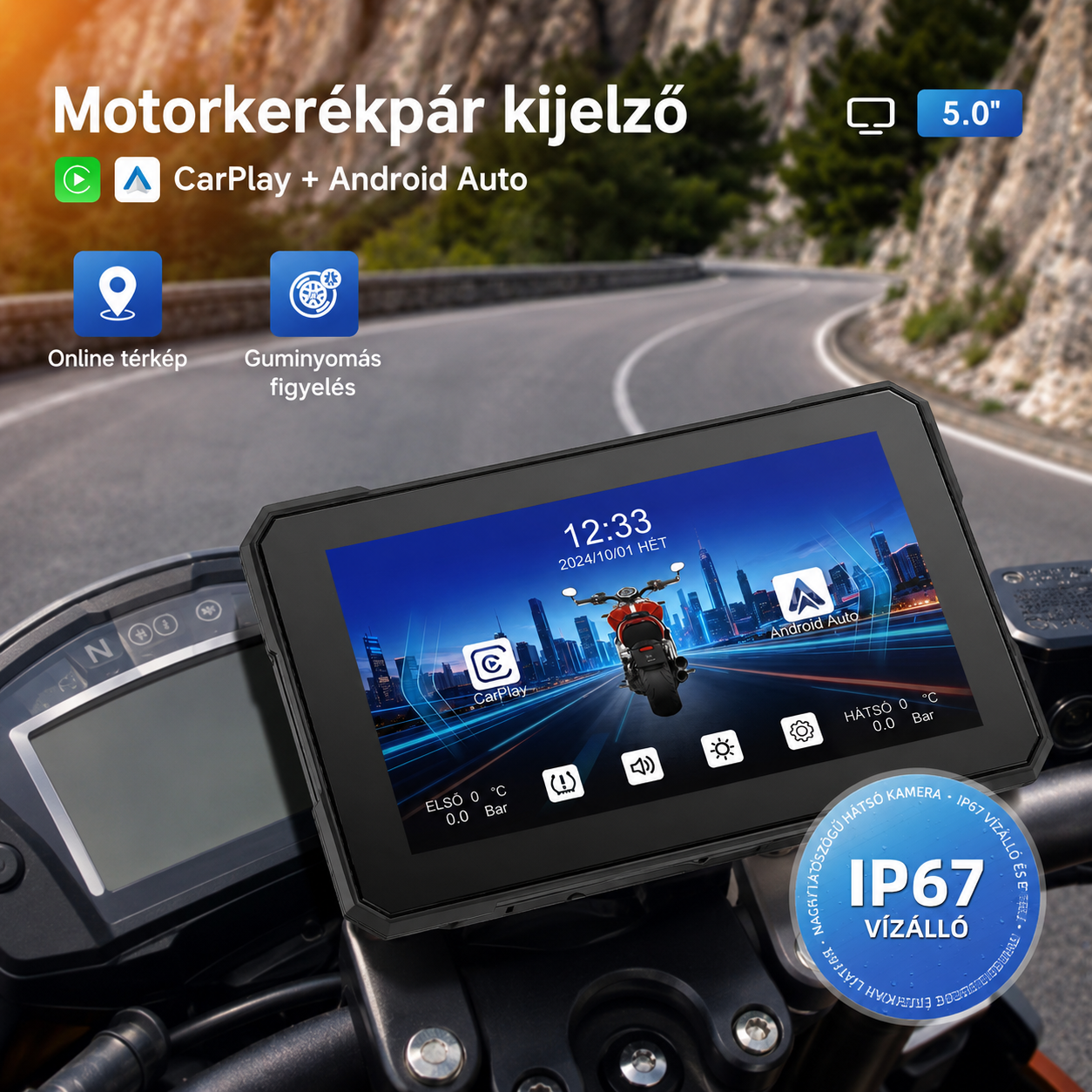 Motoros CarPlay kijelző 5" – Vezeték nélküli Apple CarPlay és Android Auto