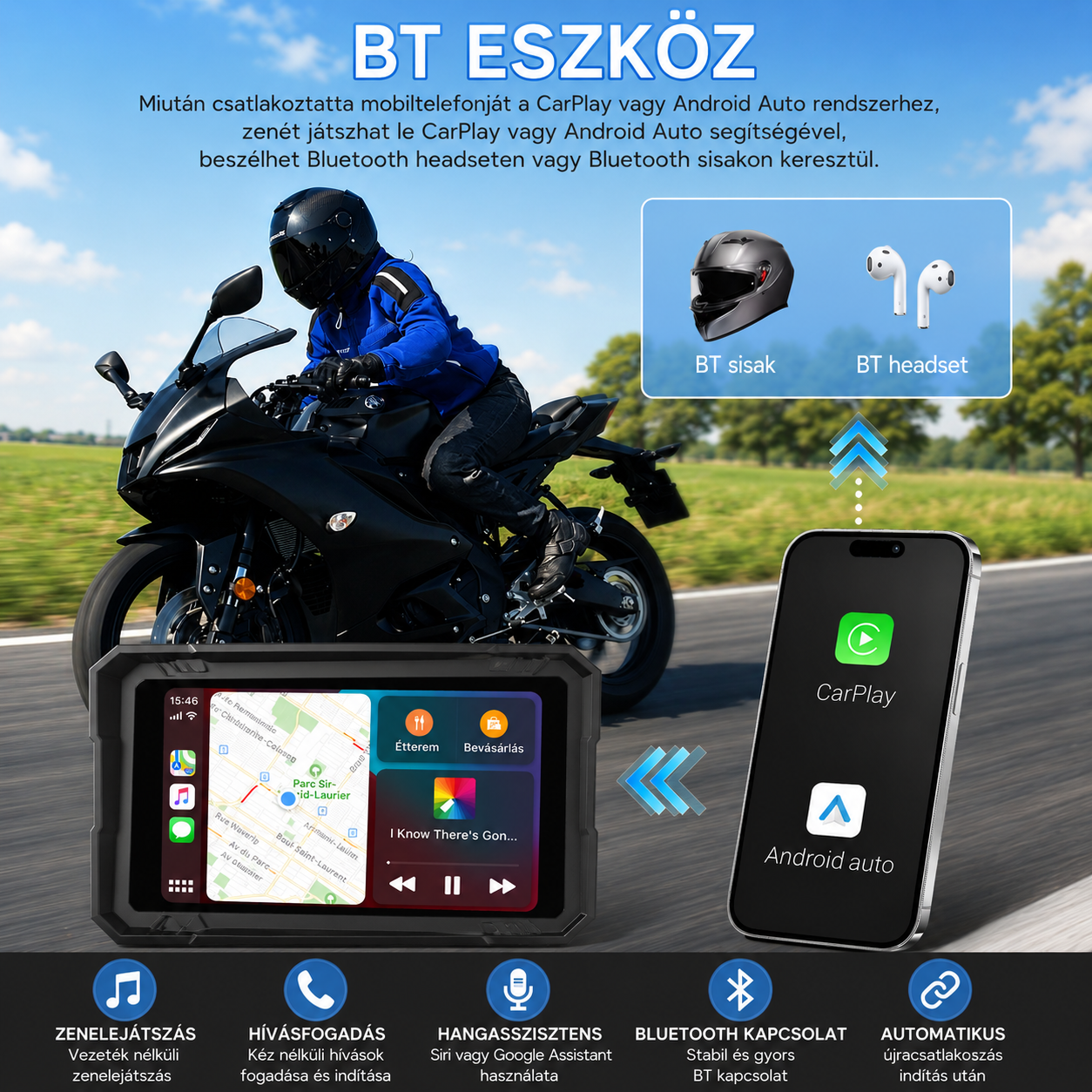 Motoros CarPlay kijelző 5" – Vezeték nélküli Apple CarPlay és Android Auto - Image 8
