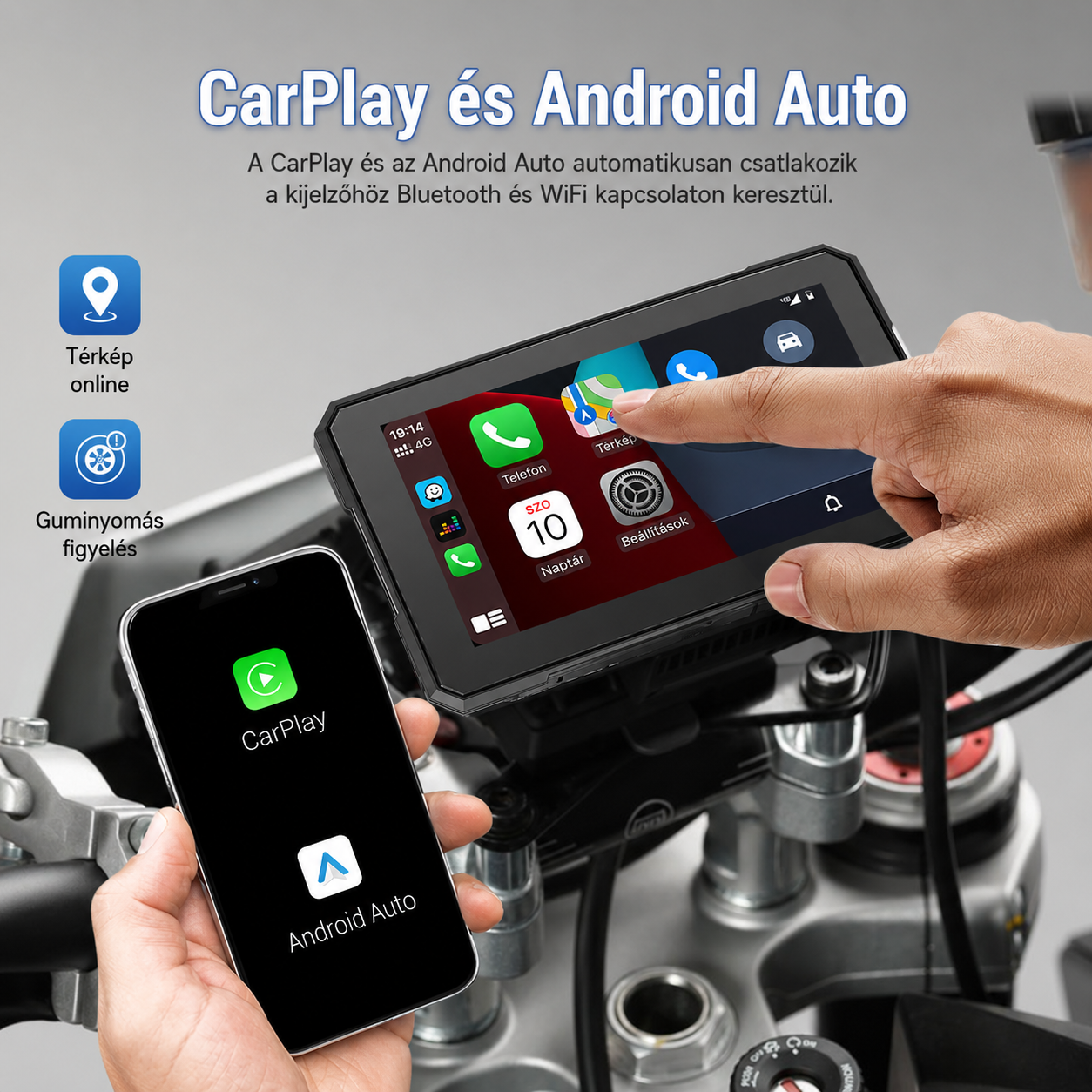 Motoros CarPlay kijelző 5" – Vezeték nélküli Apple CarPlay és Android Auto - Image 2