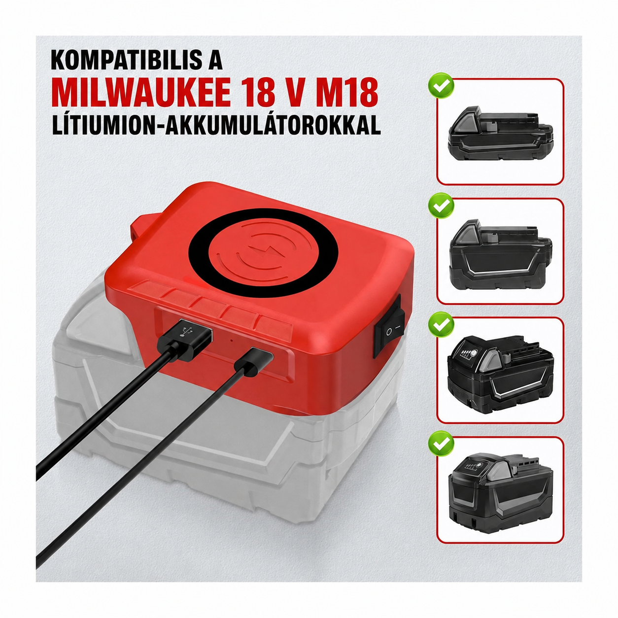 Milwaukee akkumulátor kompatibilis vezeték nélküli gyorstöltő adapter - Image 3