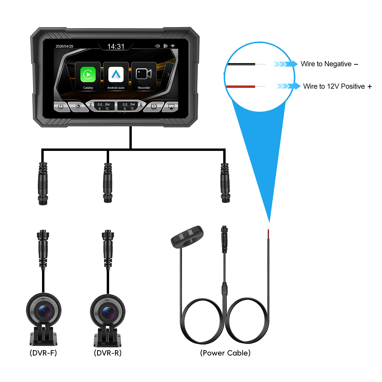 Motoros CarPlay kijelző 5" – Vezeték nélküli Apple CarPlay és Android Auto, első és hátsó kamerával - Image 12