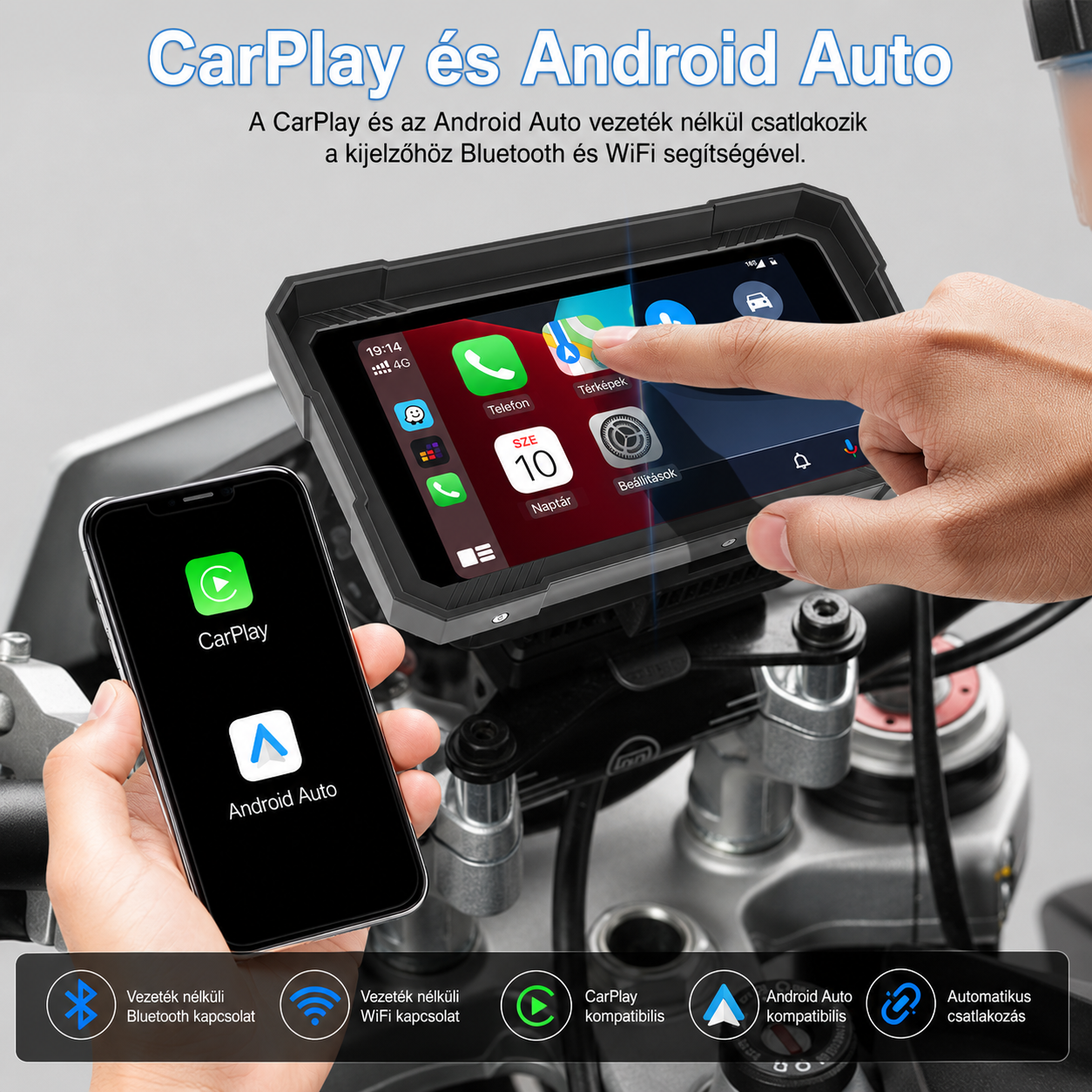 Motoros CarPlay kijelző 5" – Vezeték nélküli Apple CarPlay és Android Auto, első és hátsó kamerával - Image 10