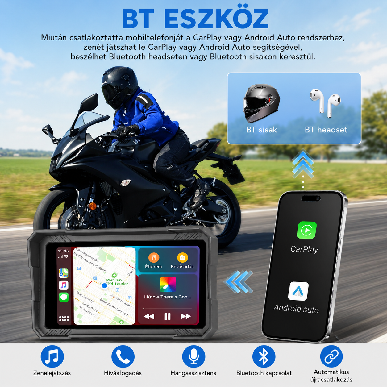 Motoros CarPlay kijelző 5" – Vezeték nélküli Apple CarPlay és Android Auto, első és hátsó kamerával - Image 4