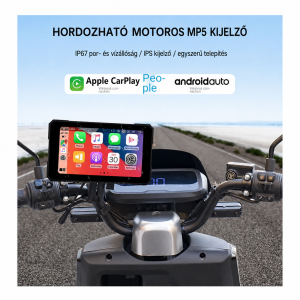 Motoros CarPlay kijelző 5" – Vezeték nélküli Apple CarPlay és Android Auto, 2 kamerával
