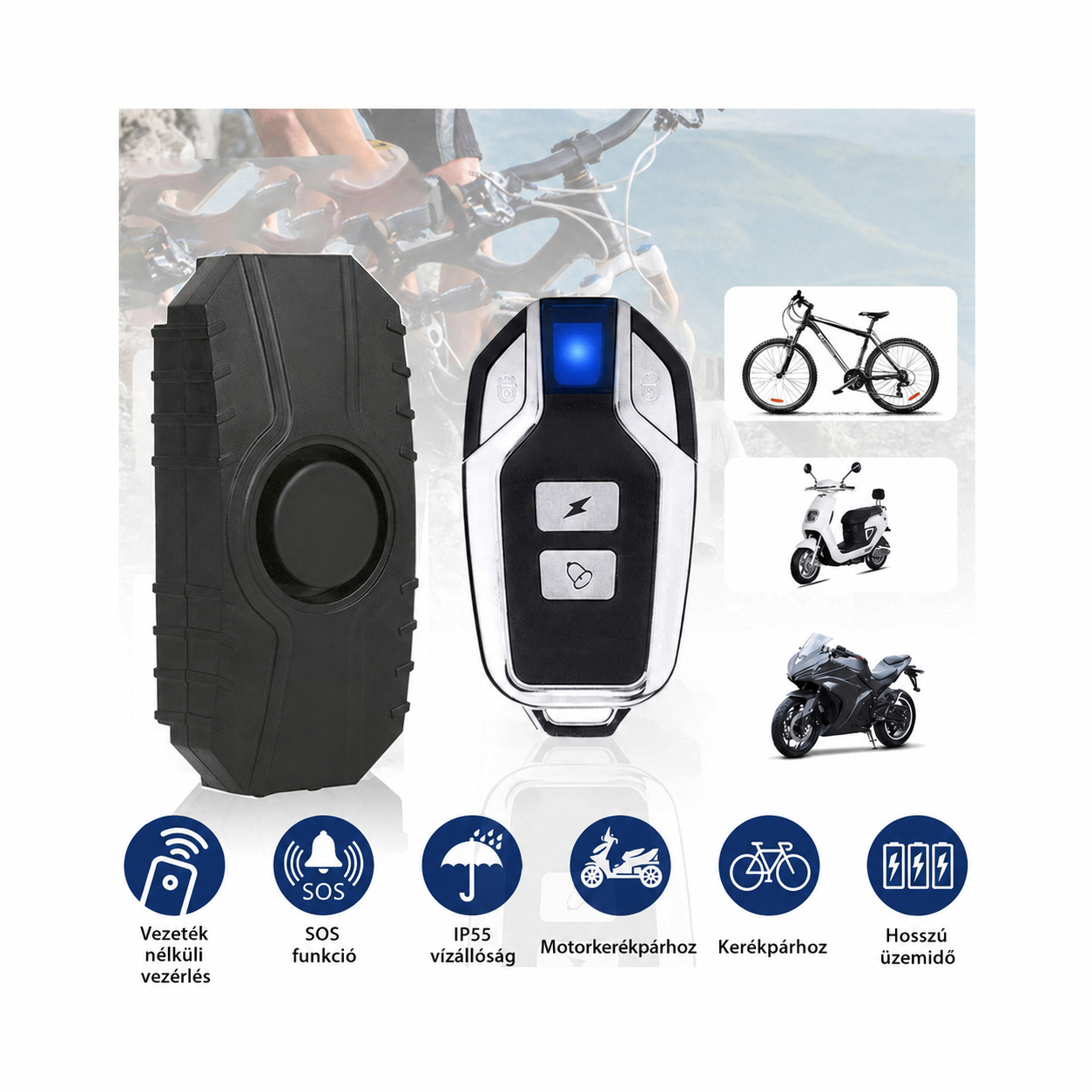 Motoros vezeték nélküli riasztó távirányítóval – 113 dB, IP55