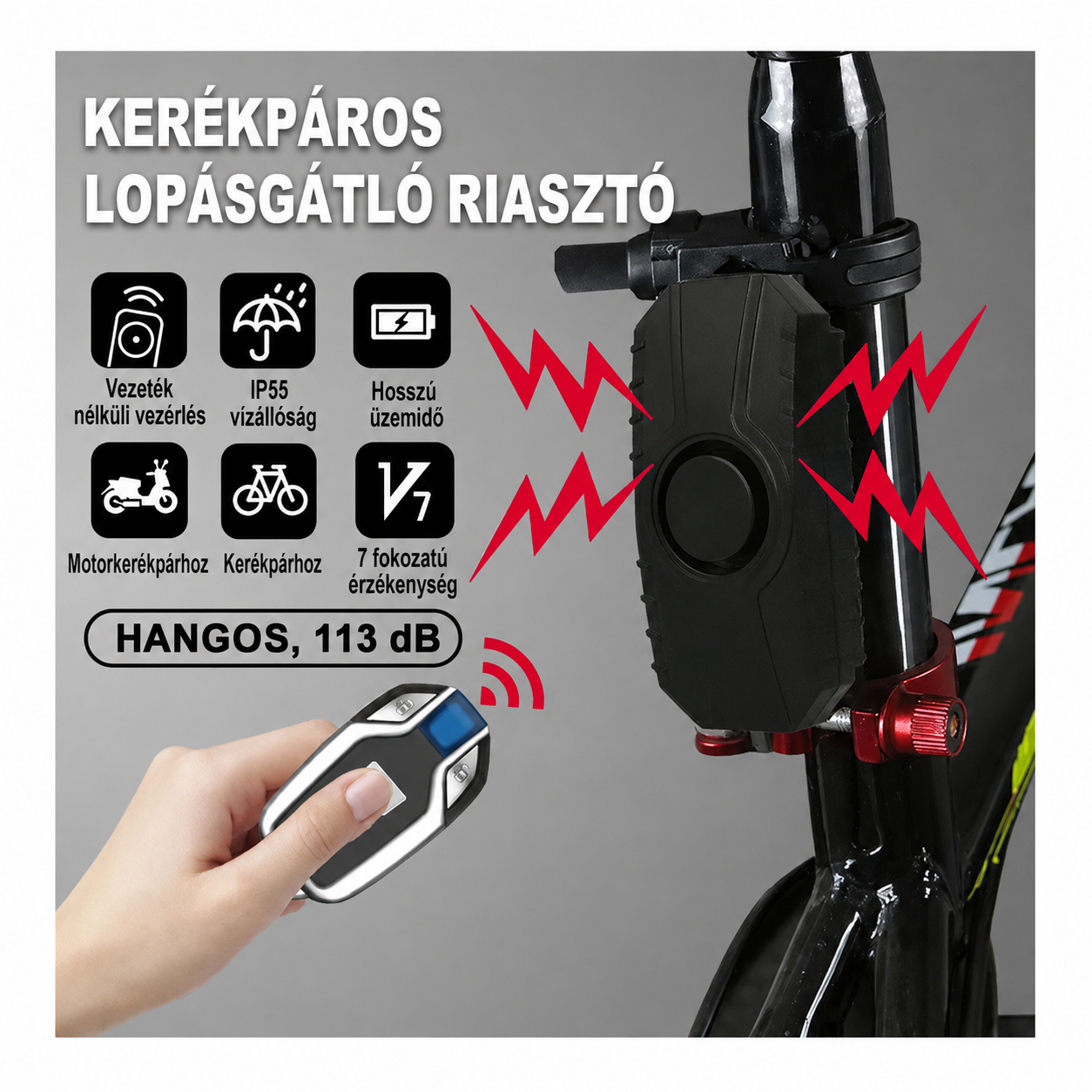 Motoros vezeték nélküli riasztó távirányítóval – 113 dB, IP55 - Image 4