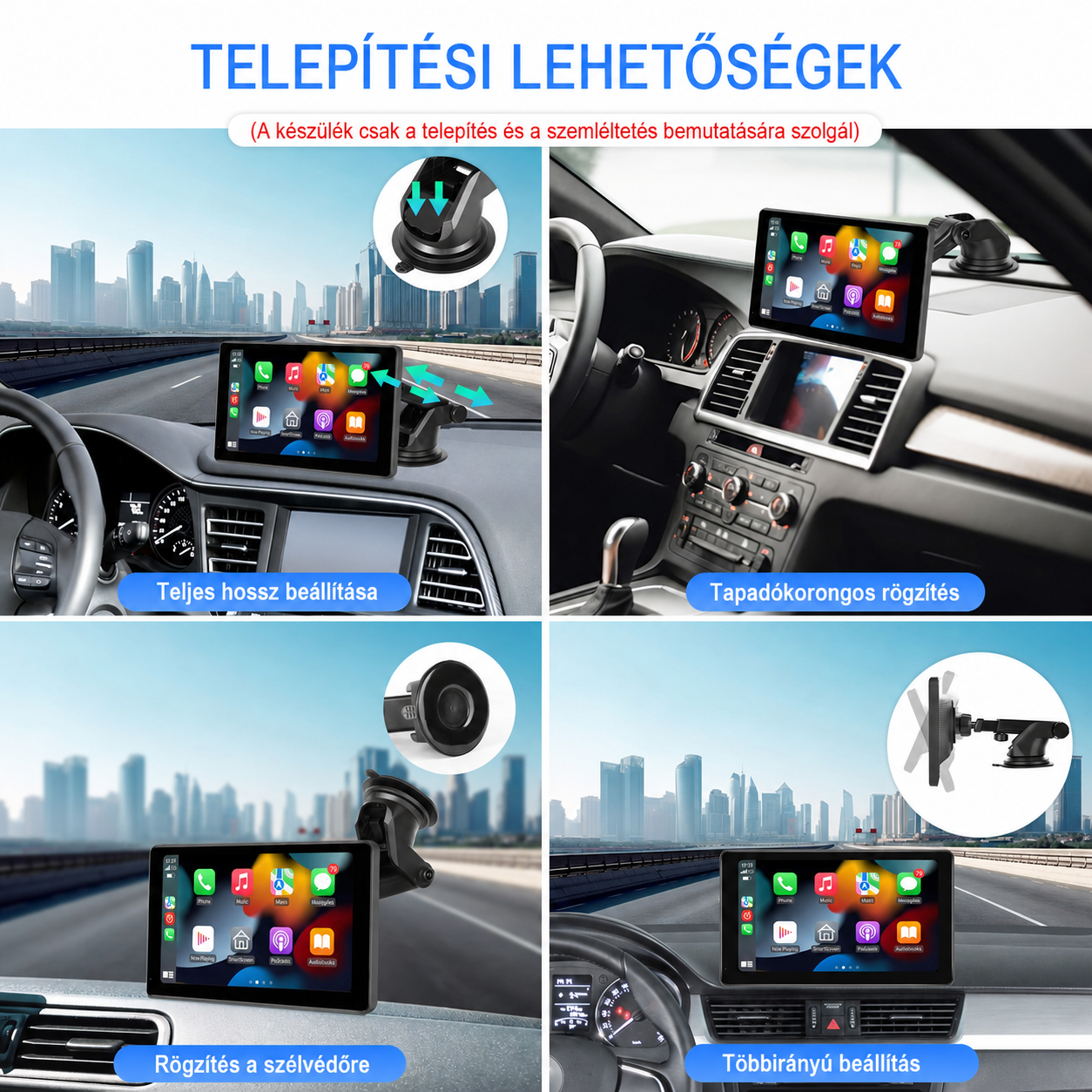 Autós CarPlay és Android Auto kijelző – magyar nyelvű 7" szélvédőre és műszerfalra - Image 4